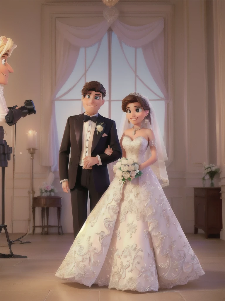 A man and a woman in formal attire pose for a photo, wedding, Cute couple, Elegant couple, portrait,(best quality,high resolution,masterpiece:1.2), Disney Pixar style couple, Extremely detailed, (Practical,photoPractical,photo-Practical:1.37), Vibrant colors, Stage lighting