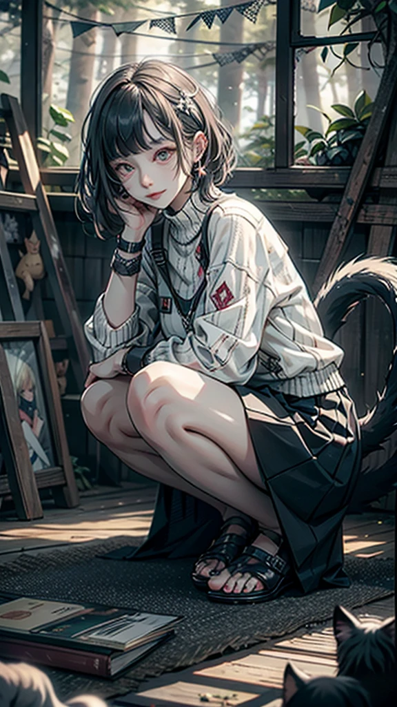 (Best quality, 8k, 32k, Masterpiece, UHD,:1.2),RAW, 1girl,ultra cute , natural lighting,transparent shining eyes, 20yo,medium breast ,fair complexion ,flushed face, dynamic angle, short hair, White sweater, squatting near windows, ((Big Norwegian Forest Cat at her foot)), Big Cat, Playing with Cat, fun