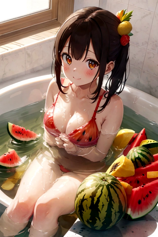 watermelon、mandarin orange、banana、strawberry、pineapple、melon、Grapes、muscat、watermelonのかわいいブラとwatermelonのかわいい下着の女の子、Take a bath in a bath full of fruit、barefoot、