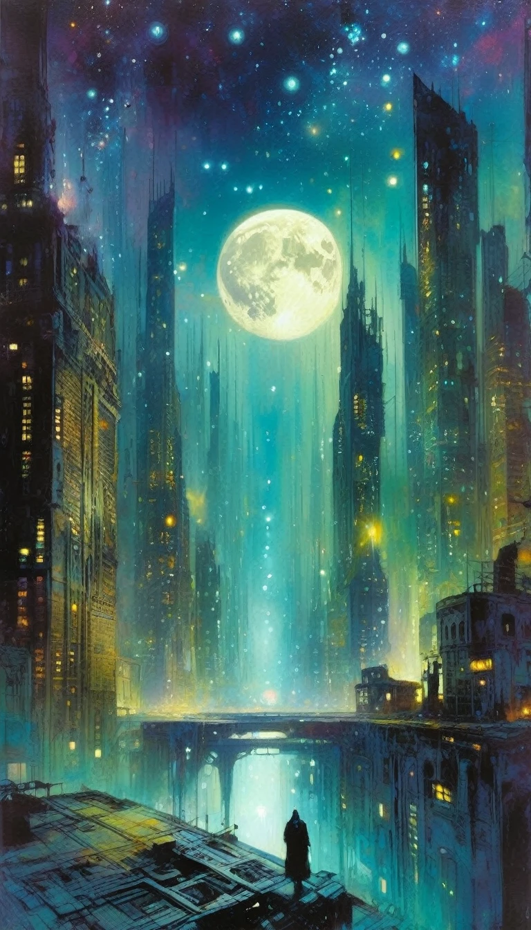 the abandoned future big city, many details,magic, fantastic, night sky, moon, stars, background, (art inspired by Bill Sienkiewicz). oil painting)