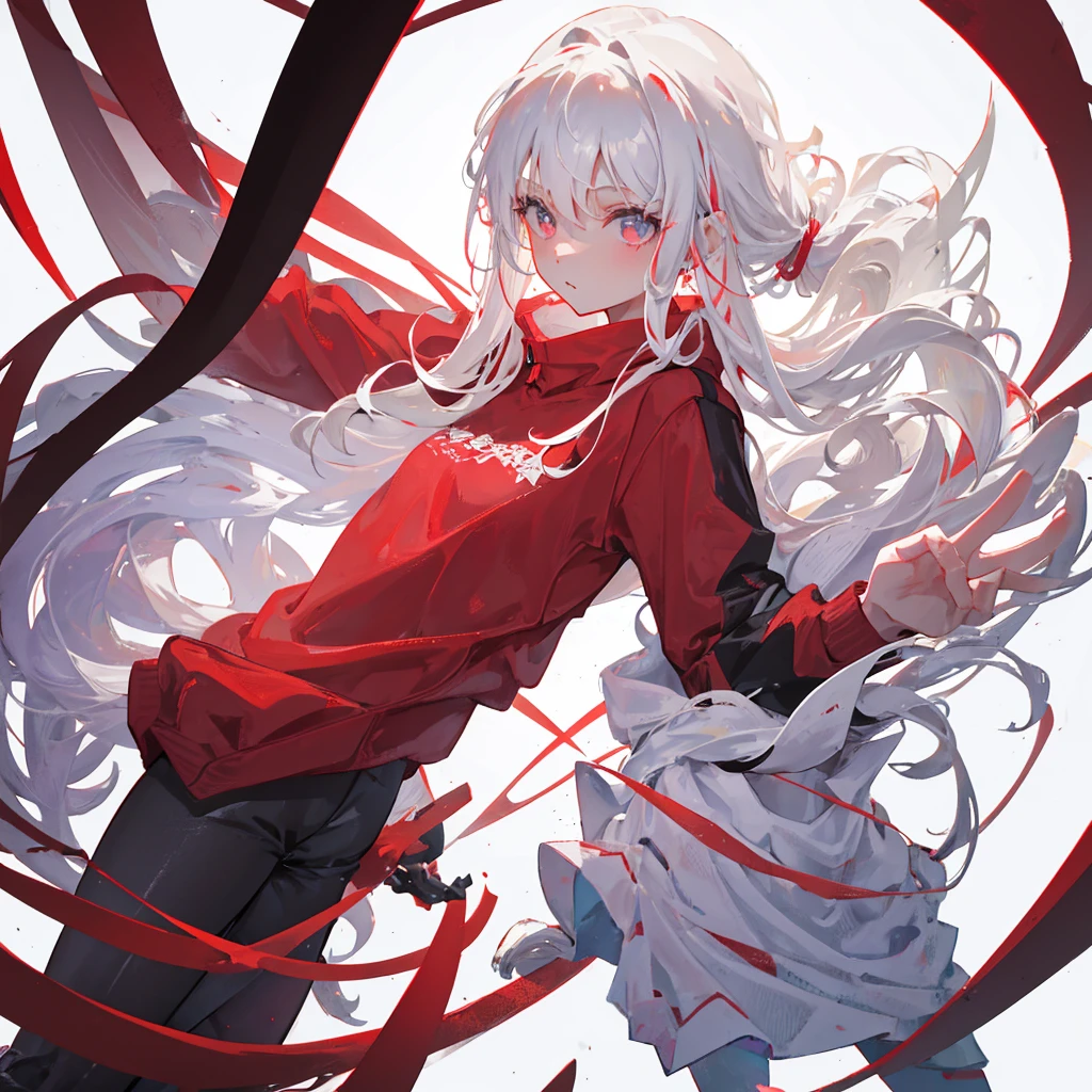 A girl with a high ponytail wearing a red sweatshirt,Beautiful figure,White hair,((Pure white background))