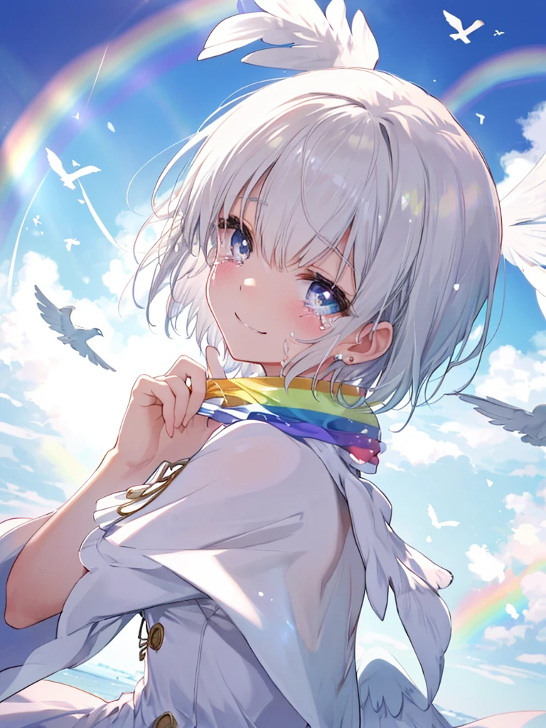 (((Extreme close-up tears smile Low - Angle Dove of peace))) ((輝くtears Rainbow Eyes Short Hair Receiving the light Rainbow light)) (Shining Edge)