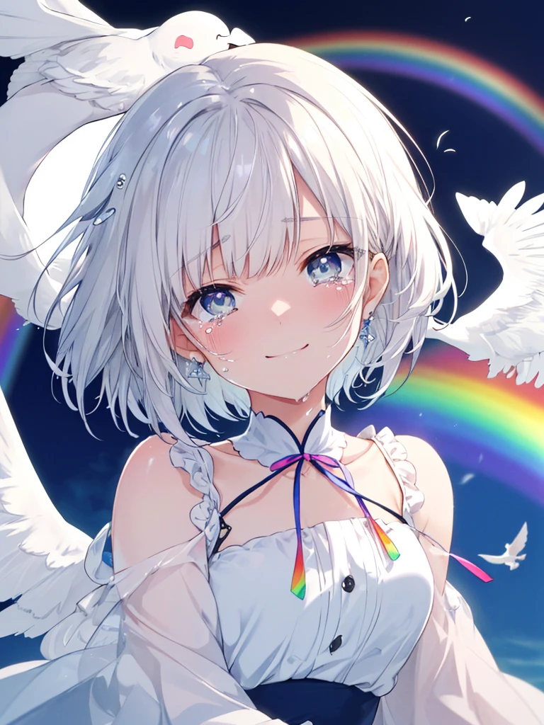 (((Extreme close-up tears smile Low - Angle Dove of peace))) ((輝くtears Rainbow Eyes Short Hair Receiving the light Rainbow light)) (Shining Edge)
