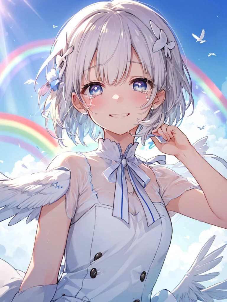 (((Extreme close-up tears smile Low - Angle Dove of peace))) ((輝くtears Rainbow Eyes Short Hair Receiving the light Rainbow light)) (Shining Edge)