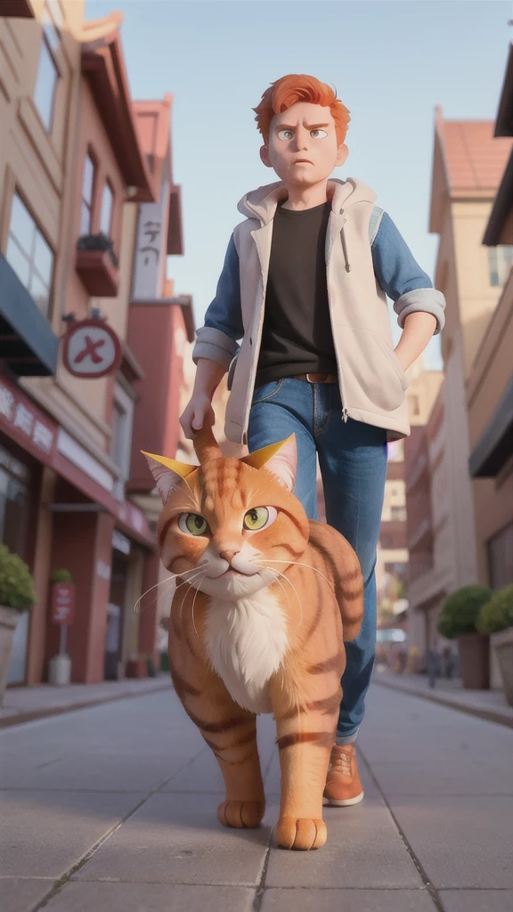 A big ginger cat walking through the city。He looks hungry and tired.。
