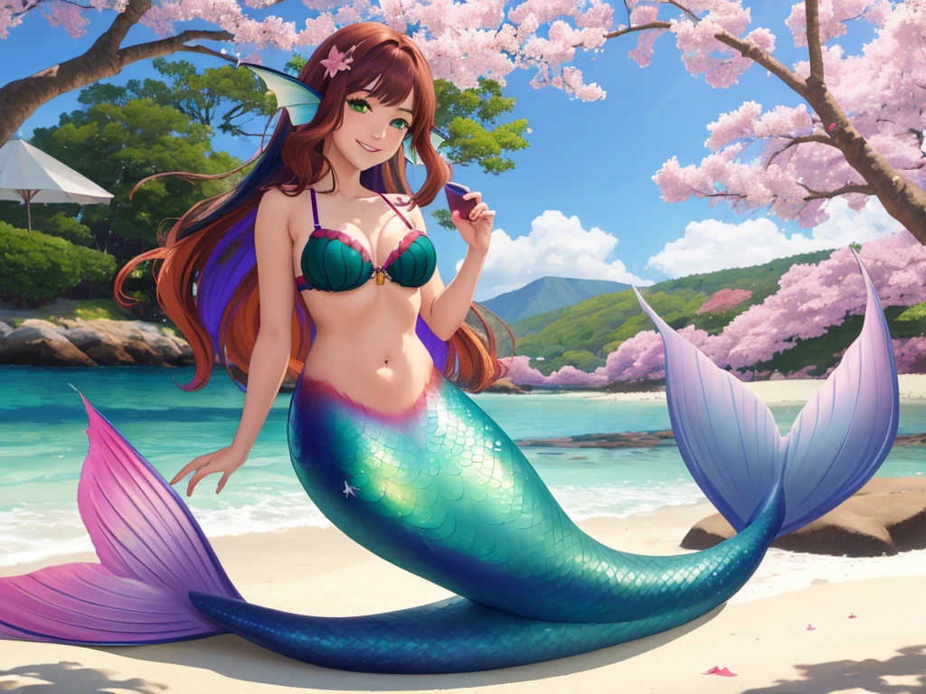masterpiece, best quality:1.2), 1girl, smile, looking at viewer, green eyes, short brown multicolored hair, mermaid, mermaid girl, wearing purple seashell bra, laying on beach, colorful mermaid tail, outdoors, head fins, fin ears, under cherry blossoms