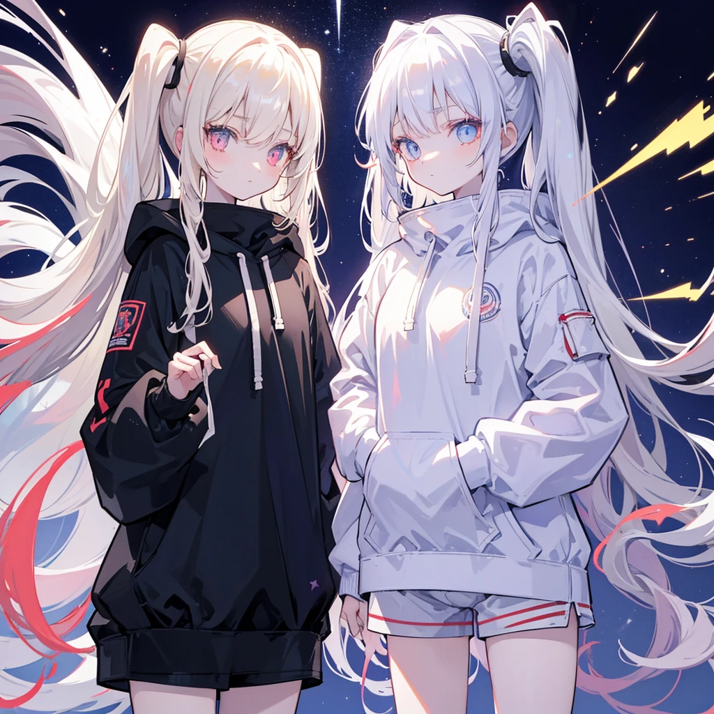 Two girls,
the first one has red eyes and beige hair in twin tails,
the second one has blue eyes and white hair in side tails,
they are both wearing sporty hoodies and shorts in monochrome, colorful on white background, glowing, stars, light, ephemeral,, mirrornun
