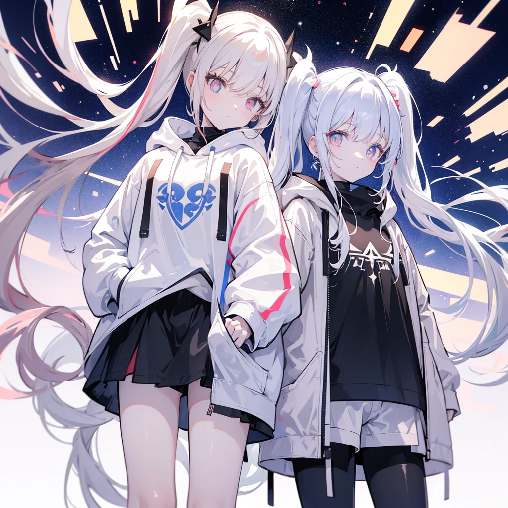 Two girls,
the first one has red eyes and beige hair in twin tails,
the second one has blue eyes and white hair in side tails,
they are both wearing sporty hoodies and shorts in monochrome, colorful on white background, glowing, stars, light, ephemeral,, mirrornun