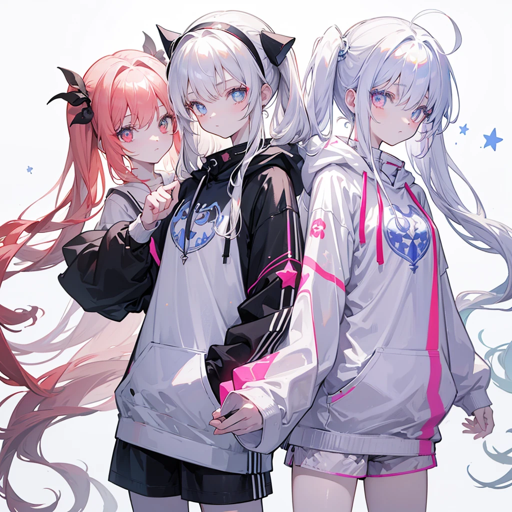 Two girls,
the first one has red eyes and beige hair in twin tails,
the second one has blue eyes and white hair in side tails,
they are both wearing sporty hoodies and shorts in monochrome, colorful on white background, glowing, stars, light, ephemeral,, mirrornun