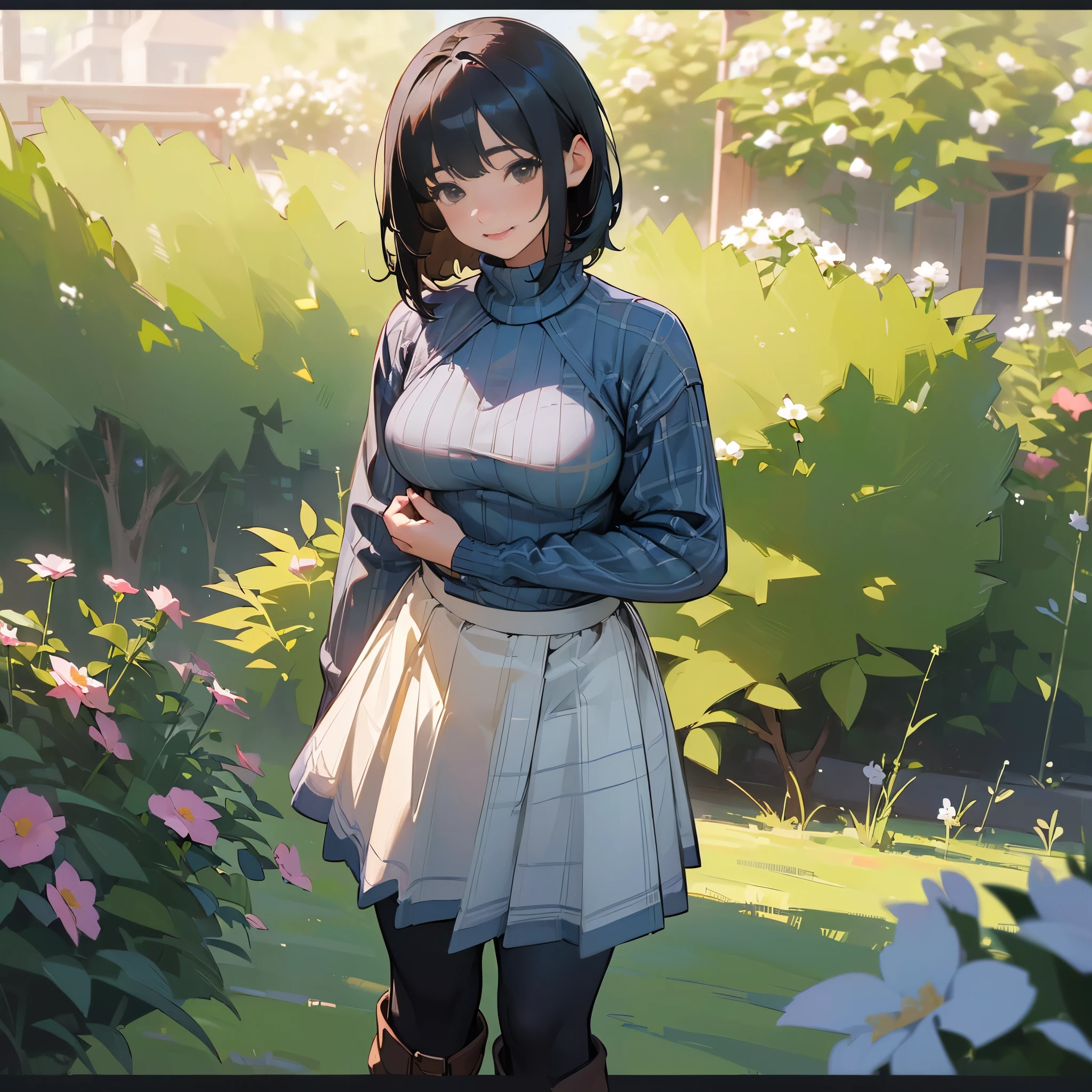 (high quality, High resolution, Super detailed, Realistic:1.37), Peaceful atmosphere, (Outdoor, garden), age girl standing alone, (my breasts are big.), Beautifully detailed features, Cute Smile, (Black bob hair), Ribbed sweater, Blue plaid skirt, black tights, Brown boots.