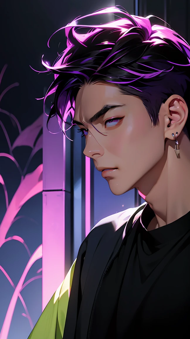 highest quality, 8K, high resolution image, anime style Jujutsu Kaisen, (Iori_suiseki), detailed strokes, bored look , blurred, purple light reflecting from it, 1 man, young, male, model, hand in pocket, cool guy, multicolored Background with various geometric shapes, around stickers, muscular,Black hair, purple eyes, multicolored hair, purple hair, hair between eyes, highlighted hair ,swollen chest, withe shirt, black Jacket, sweatpants, Background: big City, he's in a sports station, there are sports fans everywhere,