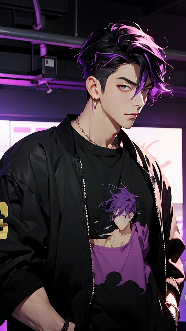 highest quality, 8K, high resolution image, anime style Jujutsu Kaisen, (Iori_suiseki), detailed strokes, bored look , blurred, purple light reflecting from it, 1 man, young, male, model, hand in pocket, cool guy, multicolored Background with various geometric shapes, around stickers, muscular,Black hair, purple eyes, multicolored hair, purple hair, hair between eyes, highlighted hair ,swollen chest, withe shirt, black Jacket, sweatpants, Background: big City, he's in a sports station, there are sports fans everywhere, 