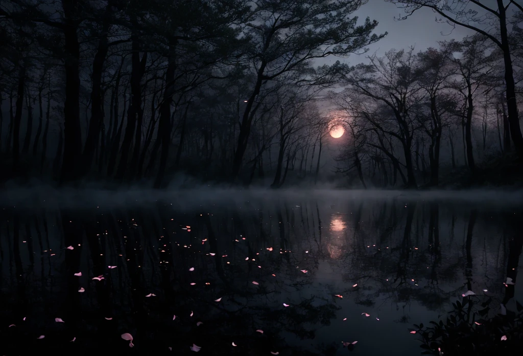 masterpiece of materpieces, PHOTOREALITIC, DENSE MIST. Smokey skies cast eerie light in the Anthropocene on a lake surrounded by cherry blossom trees, snow falling, enchanted forest, heavy mist and fog over the lake, fairy tale vibes, petals floating, dreamy looking, Sun burning like fire. Stars on the sky. PHOTOREALISTIC and cinematic. Nikon Z9