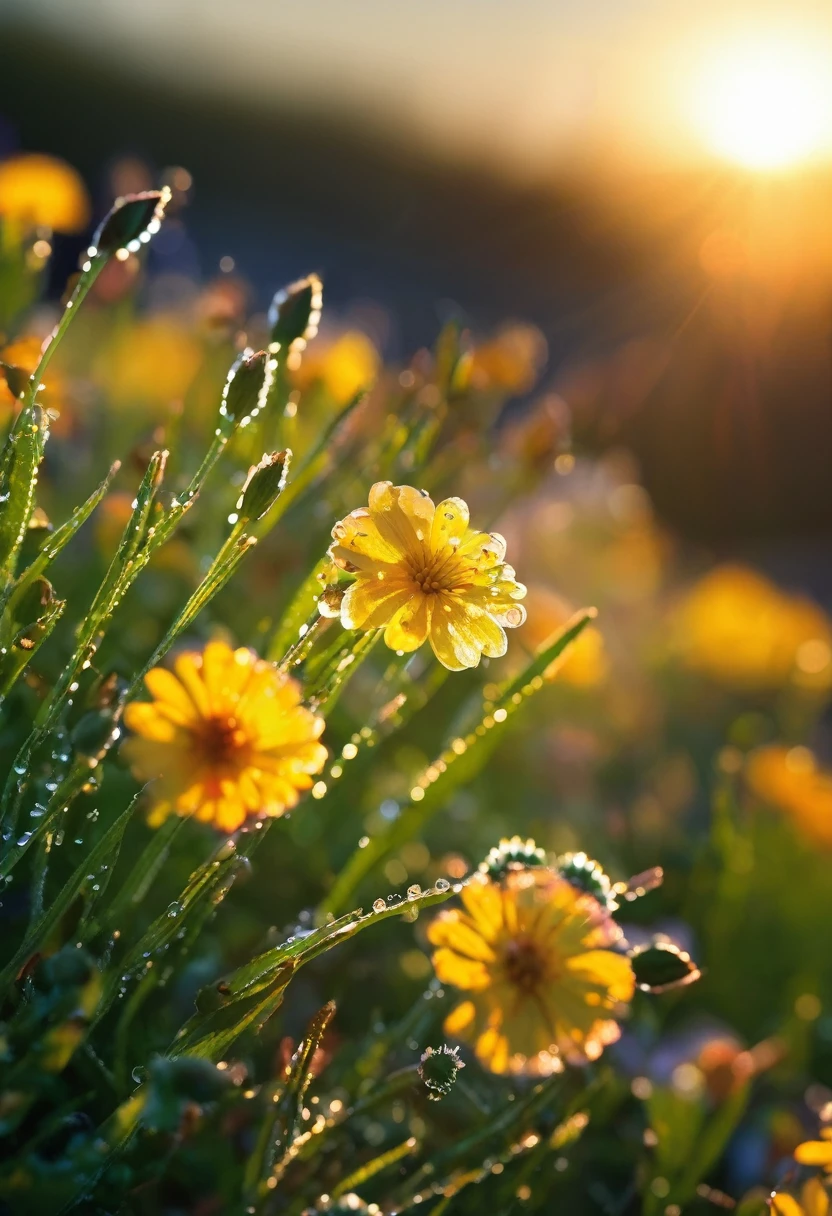 The first rays of sunlight in the morning，Dew on flowers，(sunrise)，Beautiful picture，HD Wallpapers