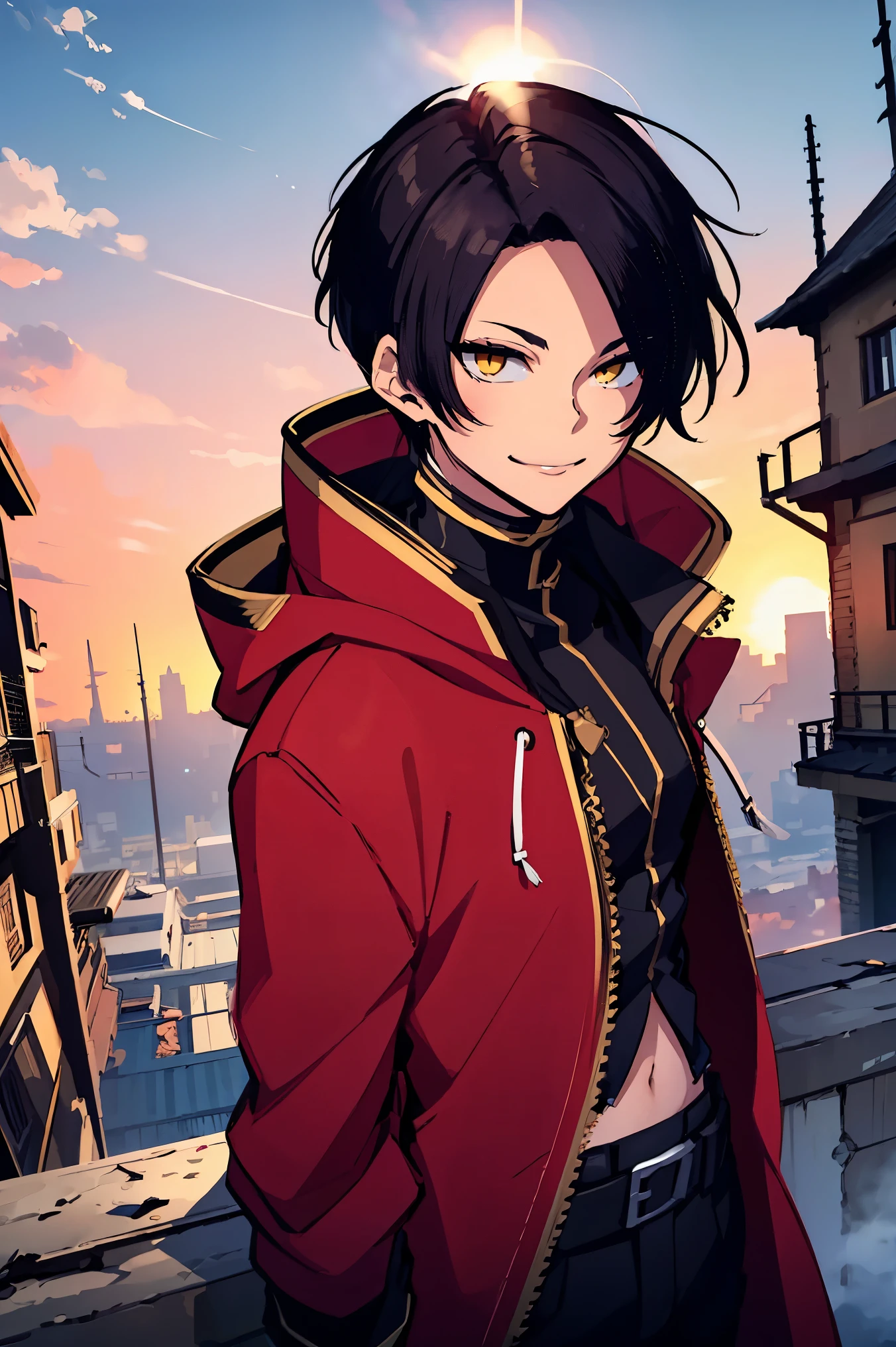 hui xiyi, rekkyou sensen, rekkyo sensen, black hair, yellow eyes, boy, male, red clothes, hoodies, long sleeves, belly button, black pants, background with((fantasy world, ruin, castle, beautiful sky, shining sky, sunshine))