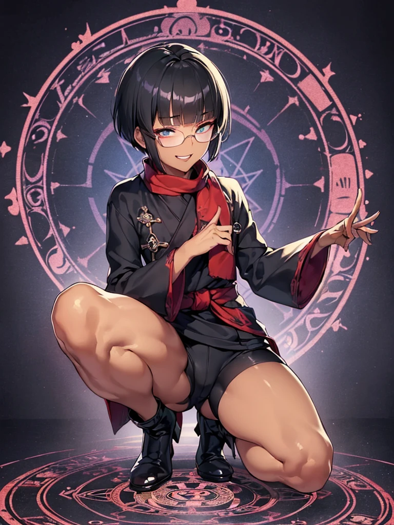 (flat chest), (masterpiece:1.2), highest quality, High resolution, unity 8k wallpaper, (fine and beautiful eyes:1.6), highly detailed face, perfect lighting, Detailed CG, (perfect hands, perfect anatomy), (1 boy solo:1.4), 20 years old, black hair, extremely beautiful detailfeminine face and eyes, (evil smile:1.4), detailed eyes, best quality,( dark skin:1.8), (turtleneck shirt under yukata:1.2), (bike shorts:1.2), extremely detailed, very precise detailed, (glasses:1.3), blunt bangs, open mouth, (very short pixie cut:1.2), boots,fingerless gloves, smile, (half closed eyes:1.3) ,(squat in magic circle on ground:1.1) ,night sky,long sidelocks,(long red Scarf),(yukata),(squatting),(squat:1.3),(one knee dwon:1.5),(Put one foot in front:1.3),(stylish pose:1.4),(Raise only index finger:1.1),(spread arms:1.2),(in magic circle on ground only:1.3),(open magic scroll by both hands:1.4),(have magic scroll:1.3)