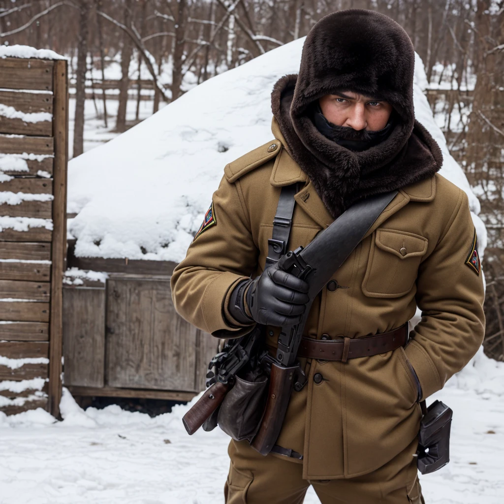 Soviet man, 20 years old,clean face, pale brown hair, blue eyes, ww2 Soviet uniform, AK-47, beautiful strong man, black tactical gloves, black balaclava, ushanka, cold gaze,1 man