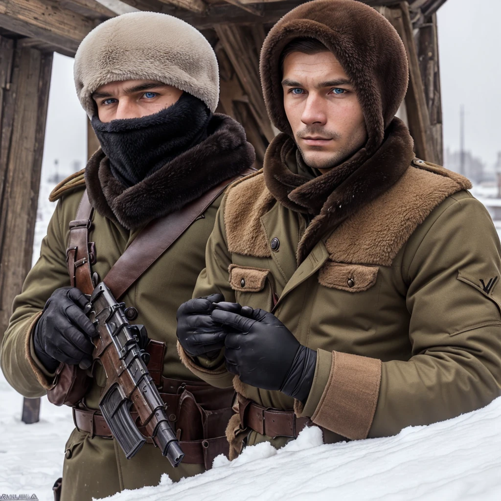 Soviet man, 20 years old,clean face, pale brown hair, blue eyes, ww2 Soviet uniform, AK-47, beautiful strong man, black tactical gloves, black balaclava, ushanka, cold gaze,1 man