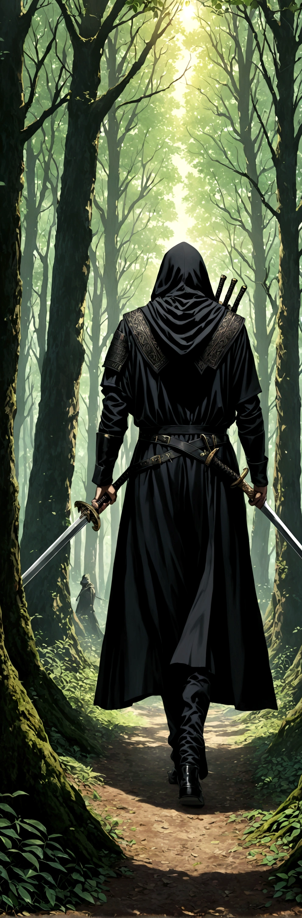 A man with a wearing a black robe and holding a sword with his bandit army behind him, set in a forest. Approaching perfection, Ultra detailed, smooth, 4K resolution. 