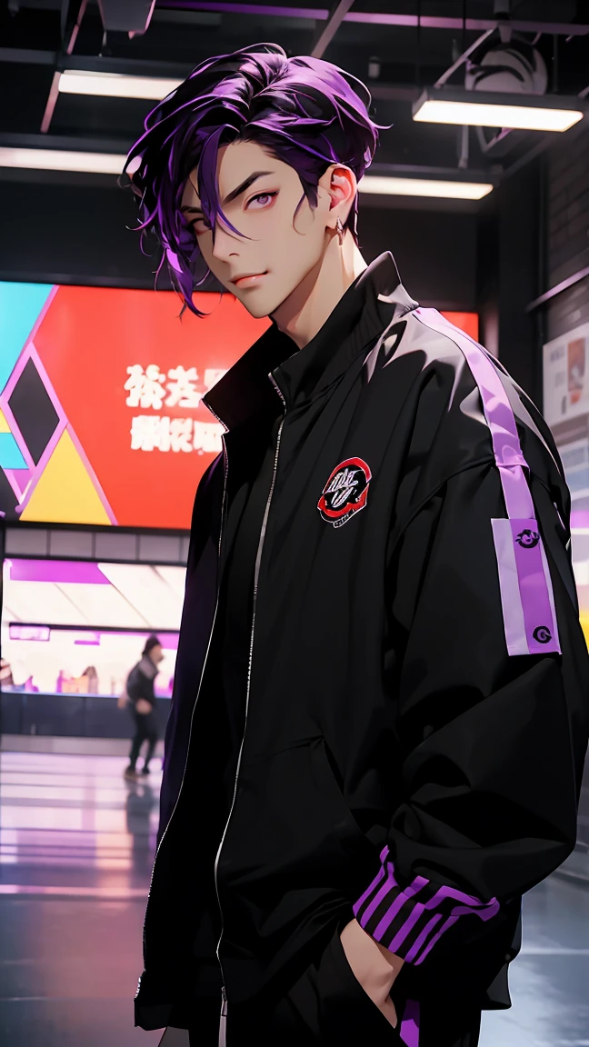 highest quality, 8K, high resolution image, anime style Jujutsu Kaisen, (Iori_suiseki), detailed strokes, bored look , blurred, purple light reflecting from it, 1 man, young, male, model, hand in pocket, cool guy, multicolored Background with various geometric shapes, around stickers, muscular,Black hair, purple eyes, multicolored hair, purple hair, hair between eyes, highlighted hair ,swollen chest, withe shirt, black Jacket, sweatpants, Background: big City, he's in a sports station, there are sports fans everywhere,