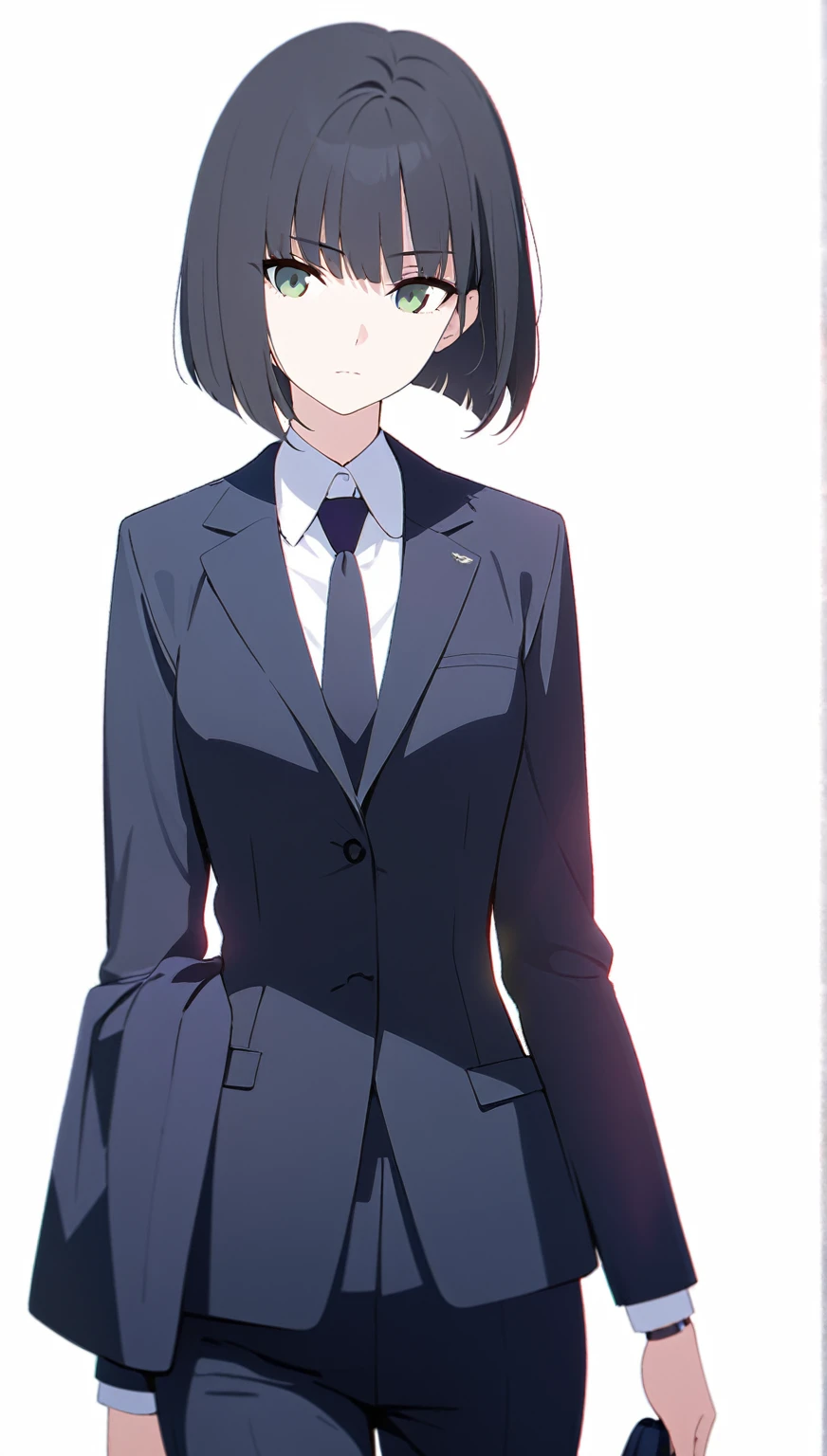 (masterpiece, high quality, best quality, highres,) One Woman, young, black hair, bob cut, Green Eyes, Athletic build, expressionless, closed mouth, office staff suit, Simple white background, standing, cowboy shot, from the front