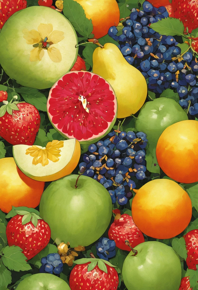 テーブルの上にはたくさんのfruitの絵があります, fruitと花, Full color illustrations, author:John Wernershott, made of fruitと花, 花とfruitでできた, fruit, full of colour w 1024, Full color digital illustration, author:Richard Mayhew, Official Art, In a detailed painting of gouache, cool illustration