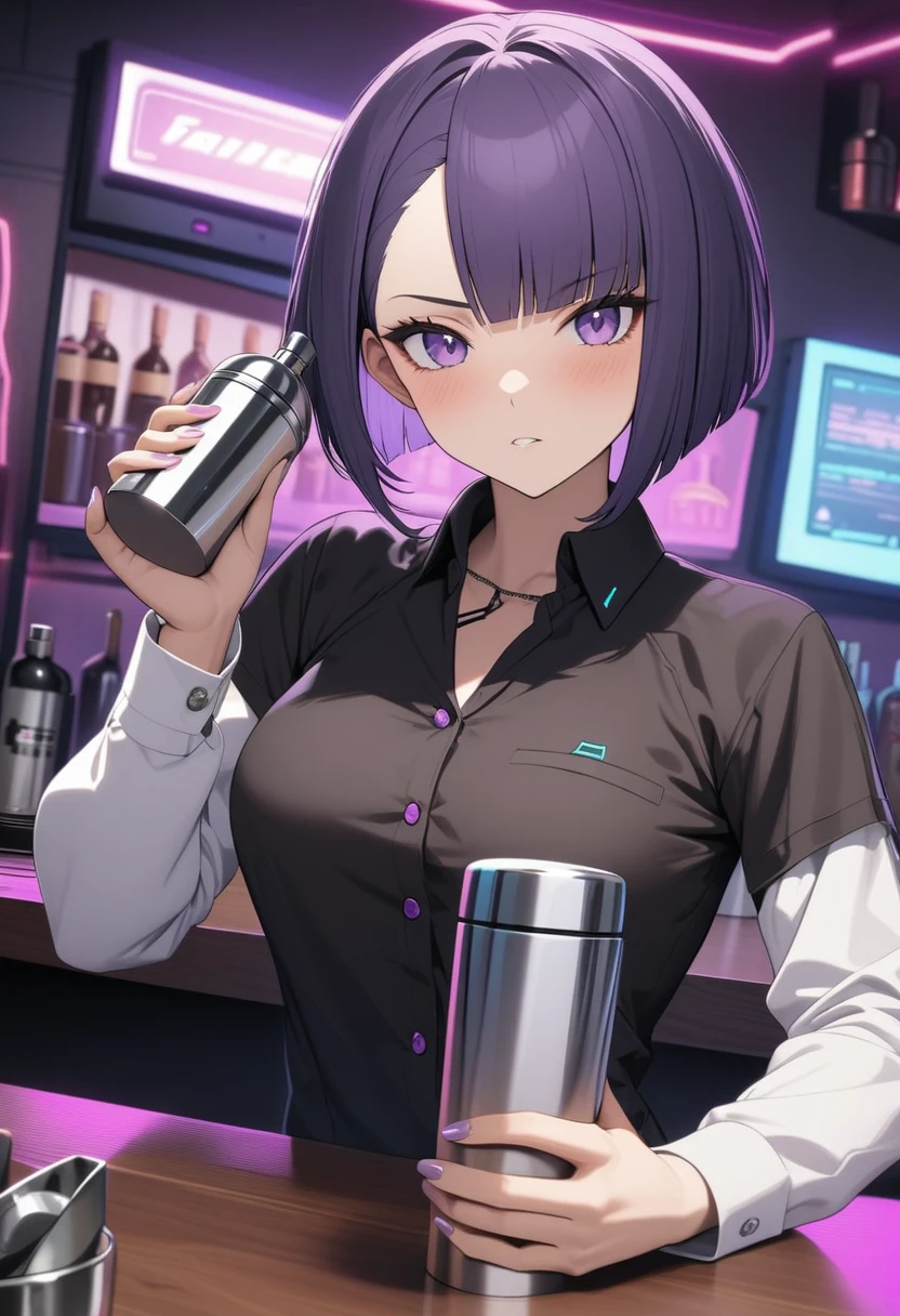 Adult Female, Black purple hair, slanted bob haircut, apathetic, perfect purple eyes cyberpunk bar, highly detailed, holding a bartender shaker, 5 fingers
