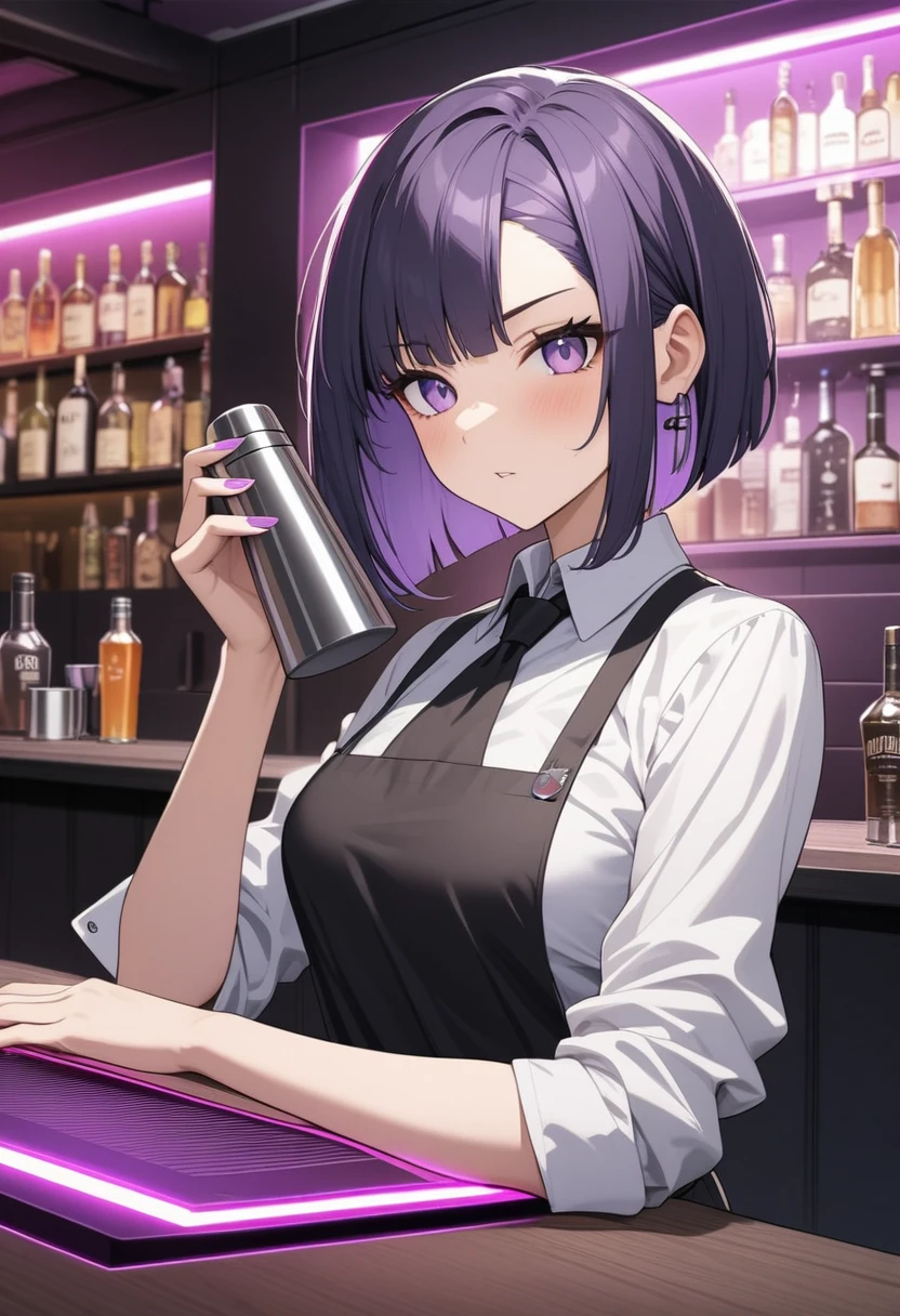 Adult Female, Black purple hair, slanted bob haircut, apathetic, perfect purple eyes cyberpunk bar, highly detailed, holding a bartender shaker, 5 fingers