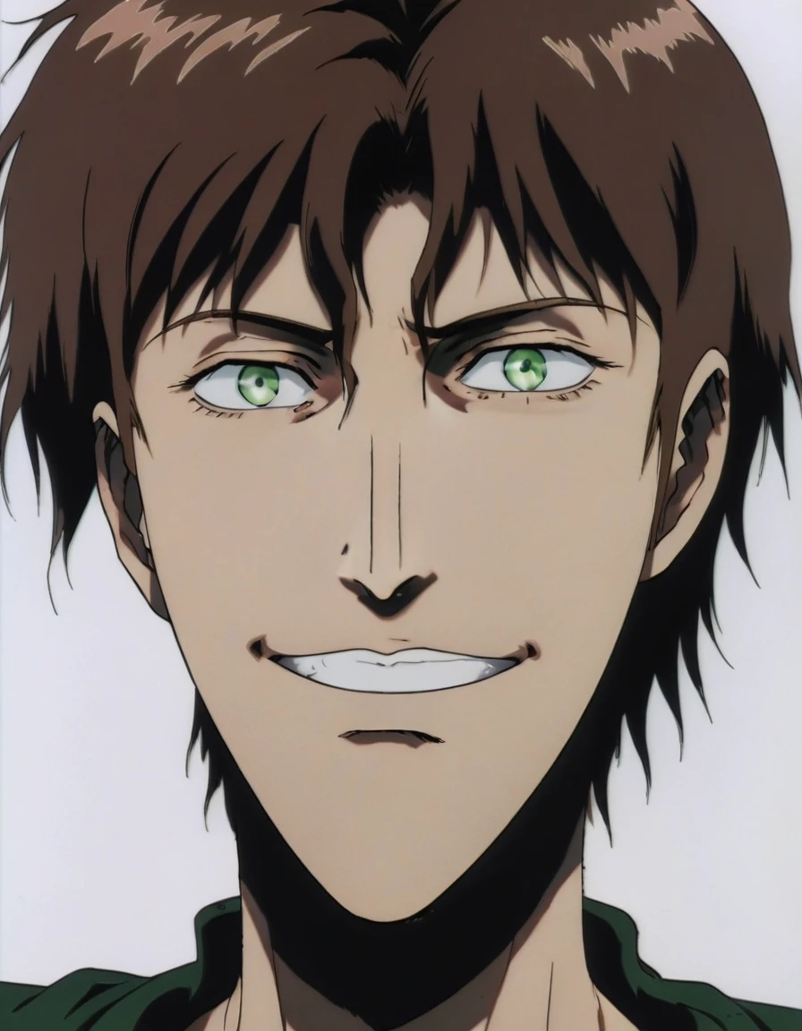 slim man, messy brown hair, green eyes, light smile,A drawing of, beautiful, 2D rendering, anime style, in the style of Bleach manga