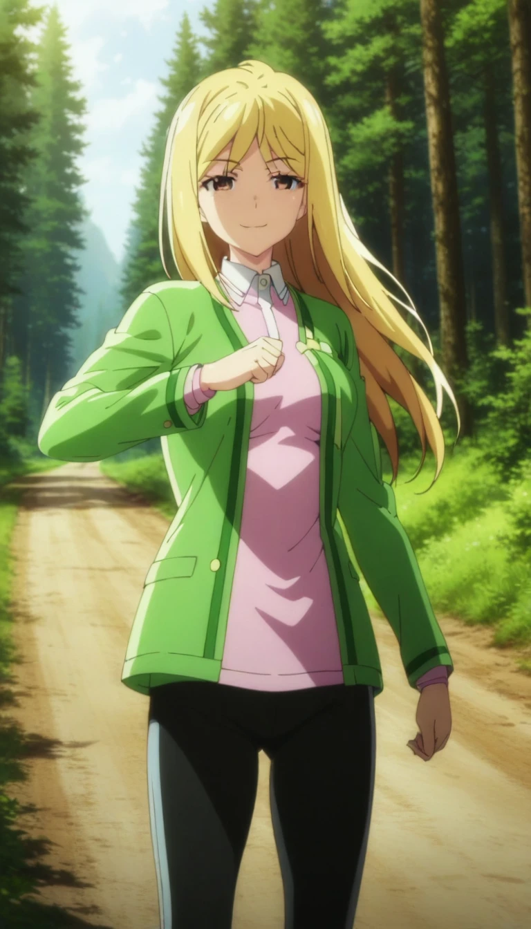 score_9, score_8_up, score_7_up,score_6_up, BREAK from front,from front.fighting stance.(girl standing),(fist,),upperbody,1girl,
takanomiyo, blonde hair,long hair,brown eyes, shirt, jacket,pants,lightsmile,(outdoor,road,forest,wind),
masterpiece, best quality, ultra detailed, highres,4k,(ultra-detailed) (illustration), (ray tracing),(anime colored:0.7),(ai-generated:0.5), (anime screencap:1.2),,smile,,cinematic lighting;0.3,great lighting,