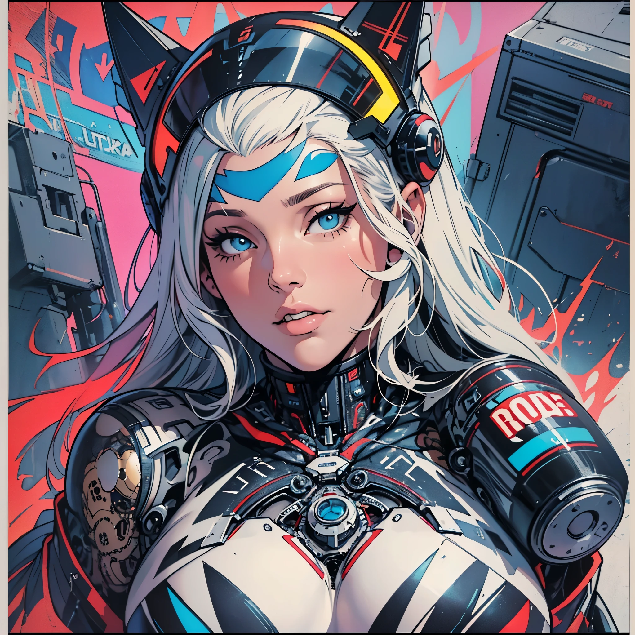(((ultimate best quality))),(((solo:1.2))),(((1girl:1.2))),((((beautiful perfect woman)))),(((detailed perfect body, detailed perfect finger))),((((((ultimate movie poster)))))),(((bust up, close up))),((((detailed complicated machine)))),(((((genius mechanical))))),(((American comics))),(((extreme highlights))),(((Extremely colorful, primary colors))),cleavage, super beautiful lady,(((typography))),text