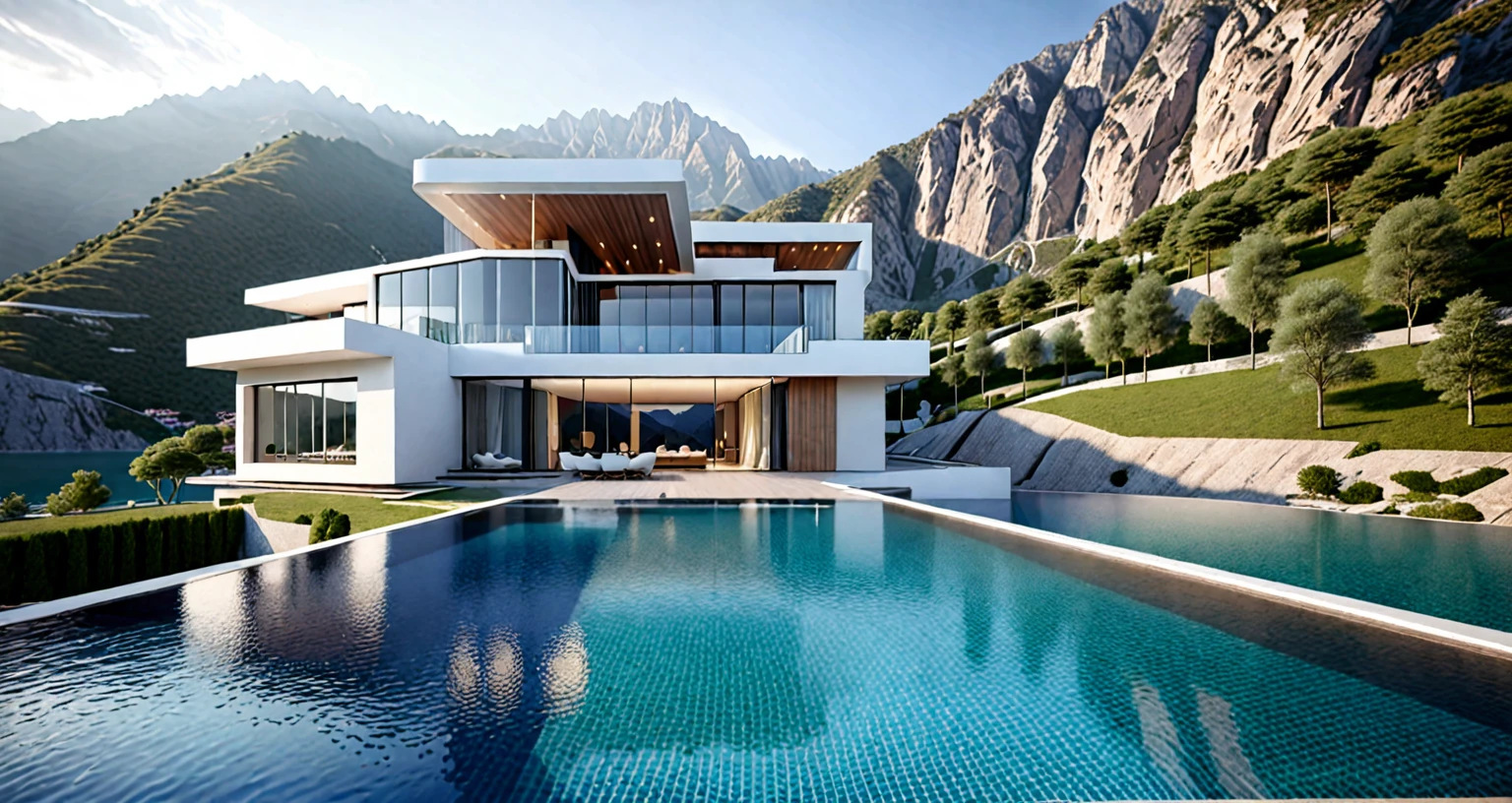 A home with a sense of futuristic technology，3-storey building，Set against the mountains，Facing the lake，Huge swimming pool，modern architectural style， hyperedetailed photo，buliding，iintricate，shadowing, HighDynamicRange，Dynamic lighting, Fotorrealista, Natural soft light, Low H, tmasterpiece, Detailed 8K，There are super many details，Oversized floor-to-ceiling glass，A combination of technology and the natural environment，Has a super cool look，
