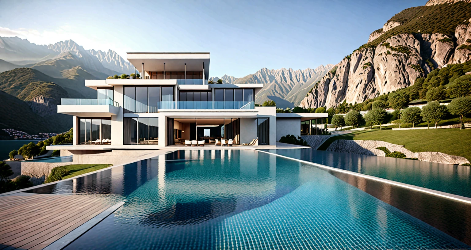 A home with a sense of futuristic technology，3-storey building，Set against the mountains，Facing the lake，Huge swimming pool，modern architectural style， hyperedetailed photo，buliding，iintricate，shadowing, HighDynamicRange，Dynamic lighting, Fotorrealista, Natural soft light, Low H, tmasterpiece, Detailed 8K，There are super many details，Oversized floor-to-ceiling glass，A combination of technology and the natural environment，Has a super cool look，
