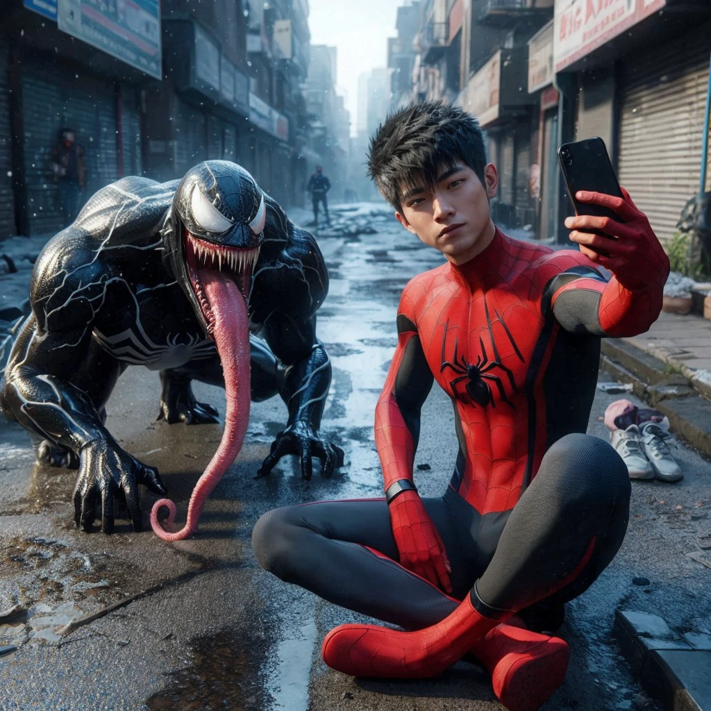 3d hyper realistic an asian man ,25 years old, short and spiky hair wearing a spiderman costume is taking a selfie with a black creature called venom on a dirty sidewalk , with snowfall ,4k,UHD,cinematic,ultra realistic