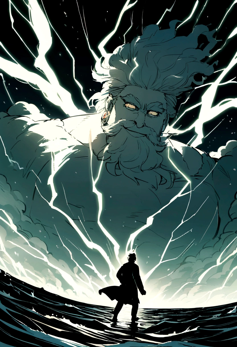 Zeus smiling while a person is walking on the seas in a lightning storm