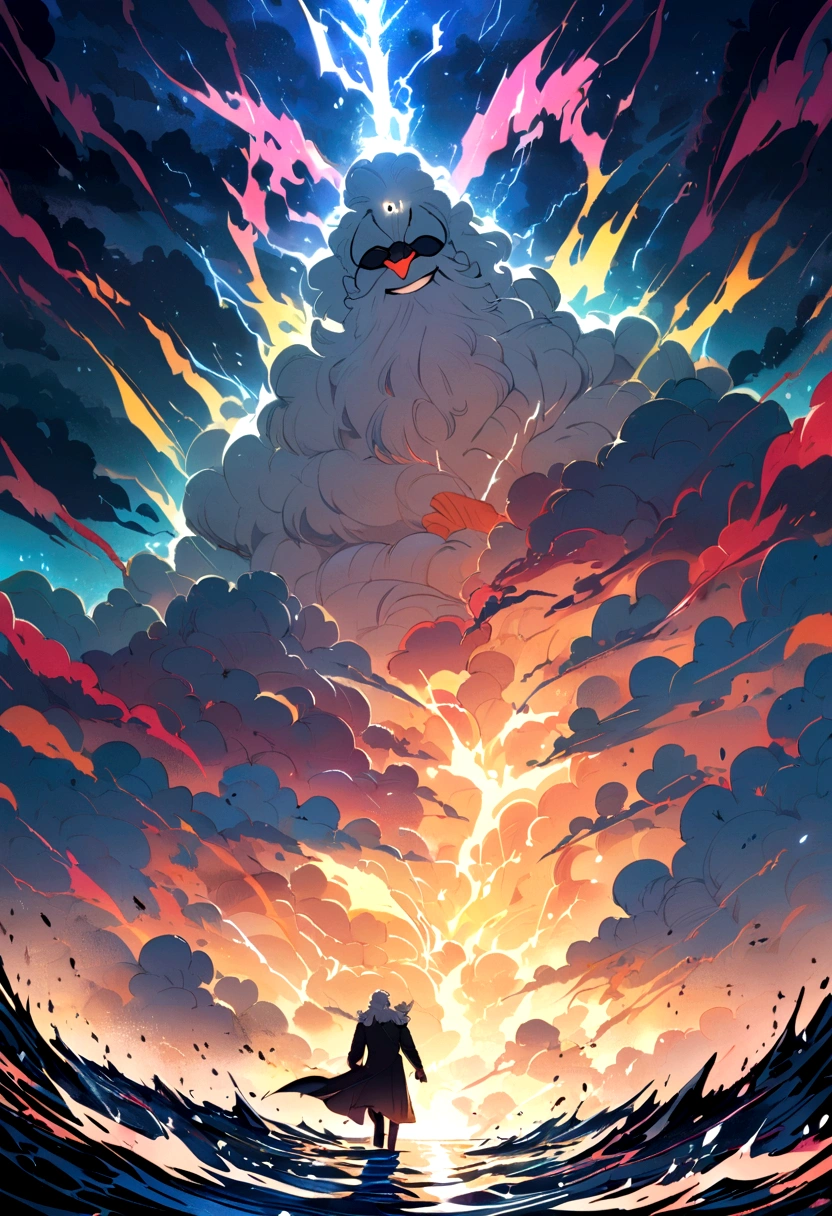 Zeus smiling while a person is walking on the seas in a lightning storm