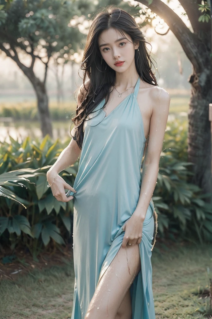 (((best quality))),(((ultra detailed))),(((masterpiece))),illustration,((1 beautiful girl,solo)),((slim,thin,flat chest)),(shoulder length straight bob hair:1.2),flowing hair,fair skin,(shiny skin:1.3),sparkling eyes,laughing,(halter blue sundress:1.3),delicate necklace,grass,dewdropletts,trees,bird chirping,serenity,gratitude,awe,wonders of nature,peace,contentment,magnificent world,summer,(pitch-dark dawn:1.5),(night scene:1.3),upper body,from front,after rain,(wet:1.3),standing,on the path,confident gaze,elegant posture,mysterious atmosphere,solemn mood,dawn approaching,detailed decorations,(sunrise:1.3),rainbow,(Rural Landscape:1.2)
