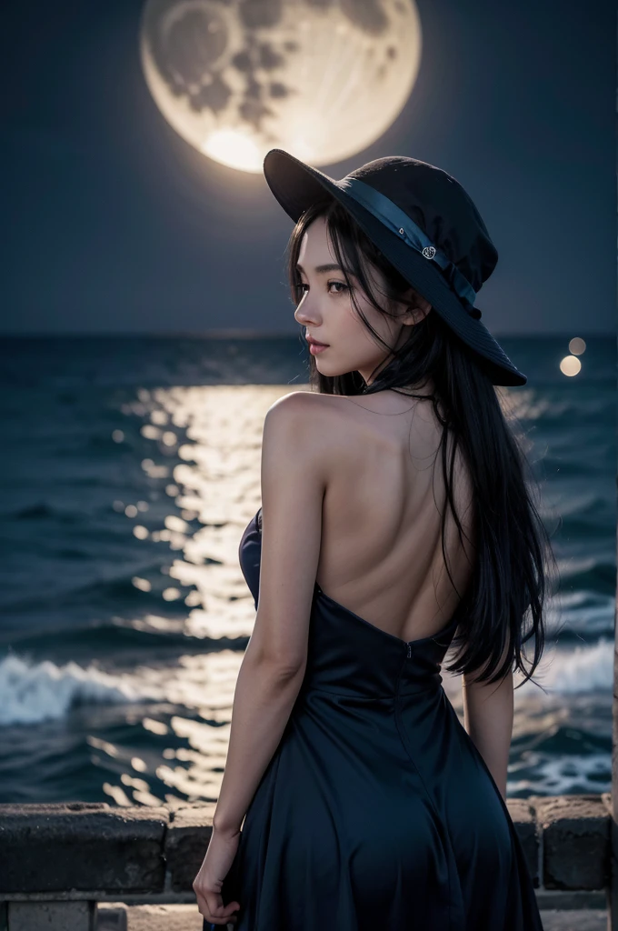 woman with her back on the beach looking at the sea at night, woman in dark blue dress, woman in dark blue hat, woman with long black hair, fullmoon, noite de fullmoon, high resolution 