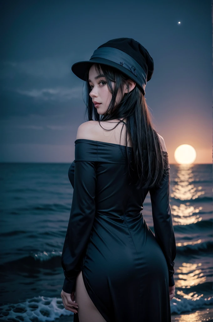 woman with her back on the beach looking at the sea at night, woman in dark blue dress, woman in dark blue hat, woman with long black hair, fullmoon, noite de fullmoon, high resolution