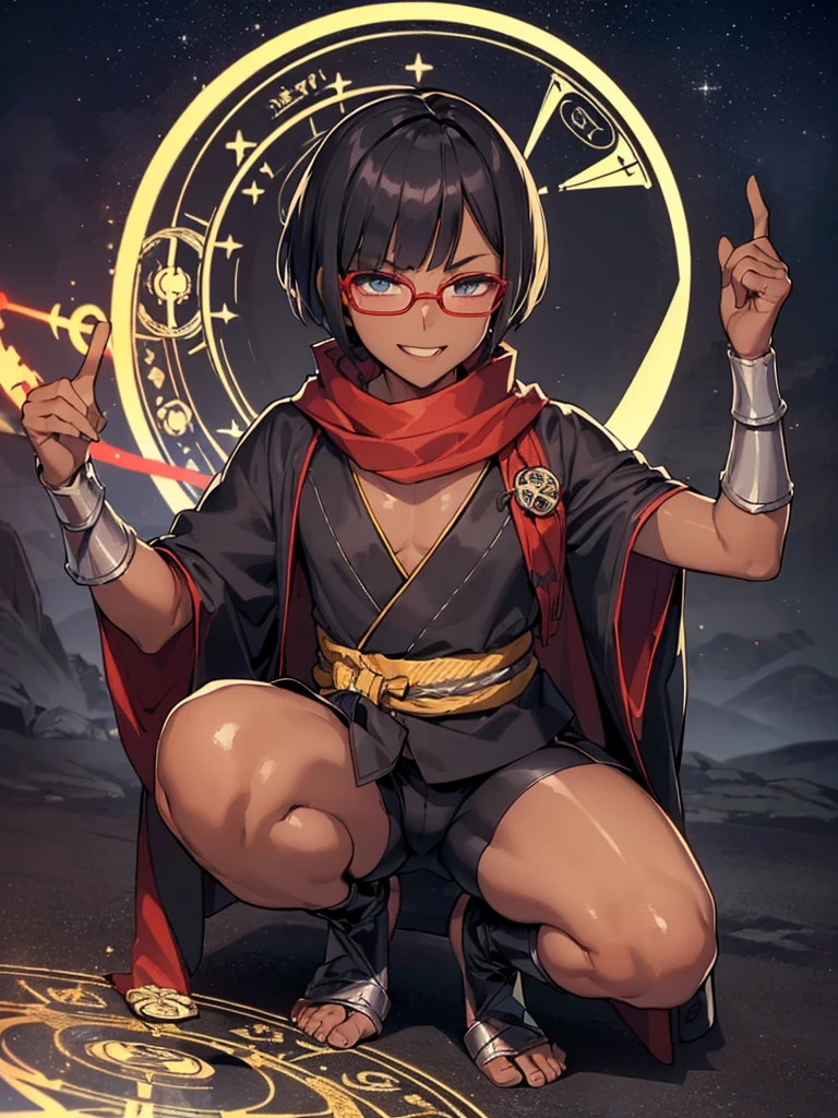 (flat chest), (masterpiece:1.2), highest quality, High resolution, unity 8k wallpaper, (fine and beautiful eyes:1.6), highly detailed face, perfect lighting, Detailed CG, (perfect hands, perfect anatomy), (1 boy solo:1.4), 20 years old, black hair, extremely beautiful detailfeminine face and eyes, (evil smile:1.4), detailed eyes, best quality,( dark skin:1.8), (turtleneck shirt under yukata:1.2), (bike shorts:1.2), extremely detailed, very precise detailed, (glasses:1.3), blunt bangs, open mouth, (very short pixie cut:1.2), boots,fingerless gloves, smile, (half closed eyes:1.3) ,(squat in magic circle on ground:1.1) ,night sky,long sidelocks,(long red Scarf),(yukata),(squatting),(squat:1.3),(one knee dwon:1.5),(Put one foot in front:1.3),(stylish pose:1.4),(Raise only index finger:1.1),(spread arms:1.2),(in magic circle on ground only:1.3),(open magic scroll by both hands:1.4),(have magic scroll:1.3)