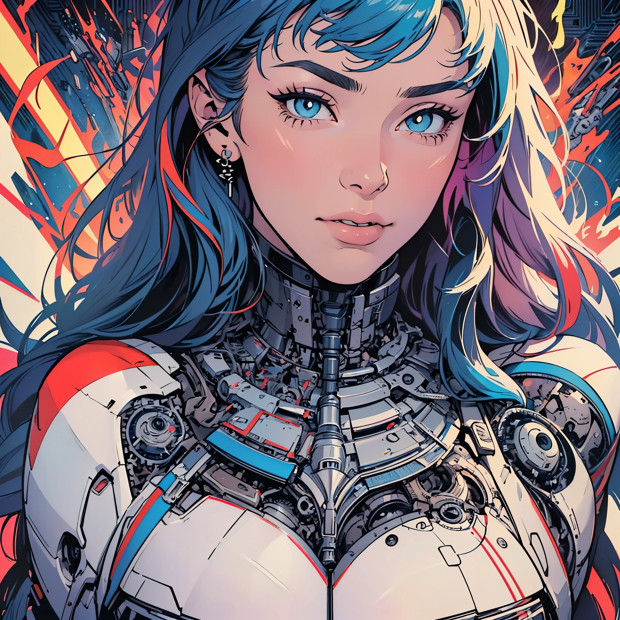 (((ultimate best quality))),(((solo:1.2))),(((1girl:1.2))),((((beautiful perfect woman)))),(((detailed perfect body, detailed perfect finger))),((((((ultimate movie poster)))))),(((bust up, close up))),((((detailed complicated machine)))),(((((genius mechanical))))),(((American comics))),(((extreme highlights))),(((Extremely colorful, primary colors))),cleavage, super beautiful lady,(((typography))),text