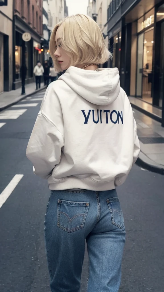 Blonde　Bob Hair　Small eyes　Thin lips　Wide jeans　White hoodie with YUKA written on it　Louis Vuitton Necklace　night　In town　round face　Back view