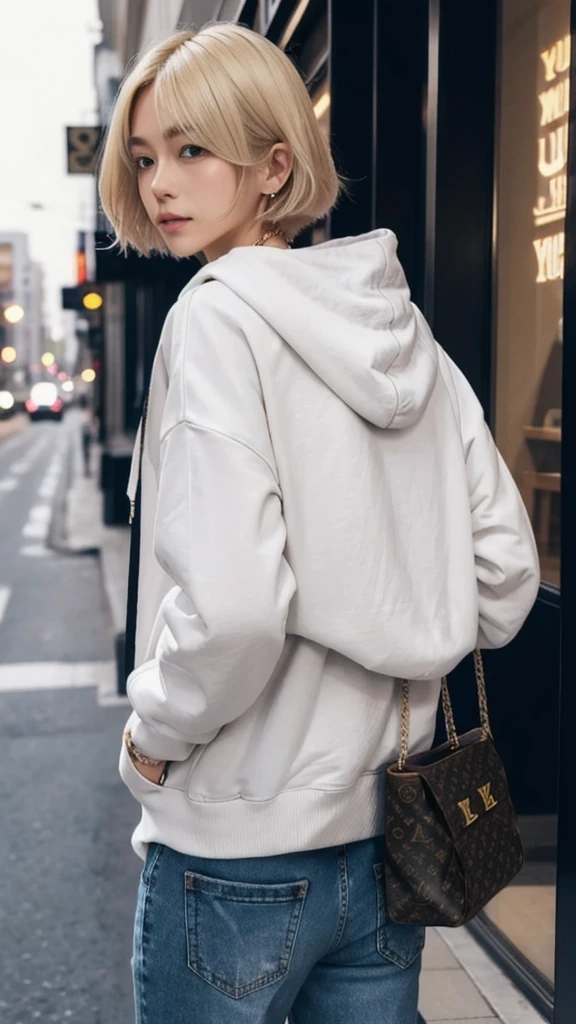 Blonde　Bob Hair　Small eyes　Thin lips　Wide jeans　White hoodie with YUKA written on it　Louis Vuitton Necklace　night　In town　round face　Back view