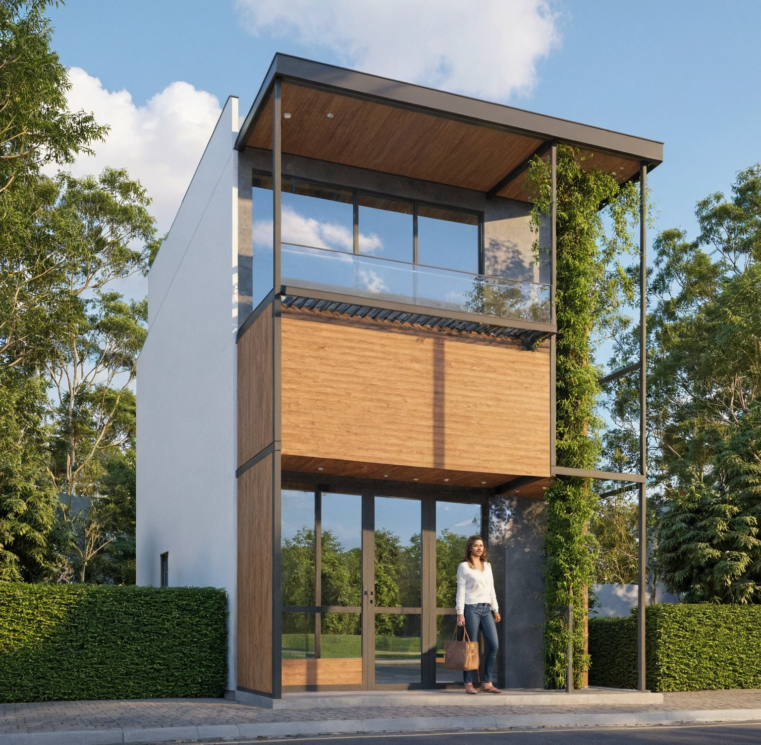 Raw photo,Masterpiece, high quality, best quality, authentic, super detail,
exterior, outdoors, house style modern on the street, glass windows, gate, wooden ceiling,
road,pavement, trees, sky, cloud, (daylight:1.1)