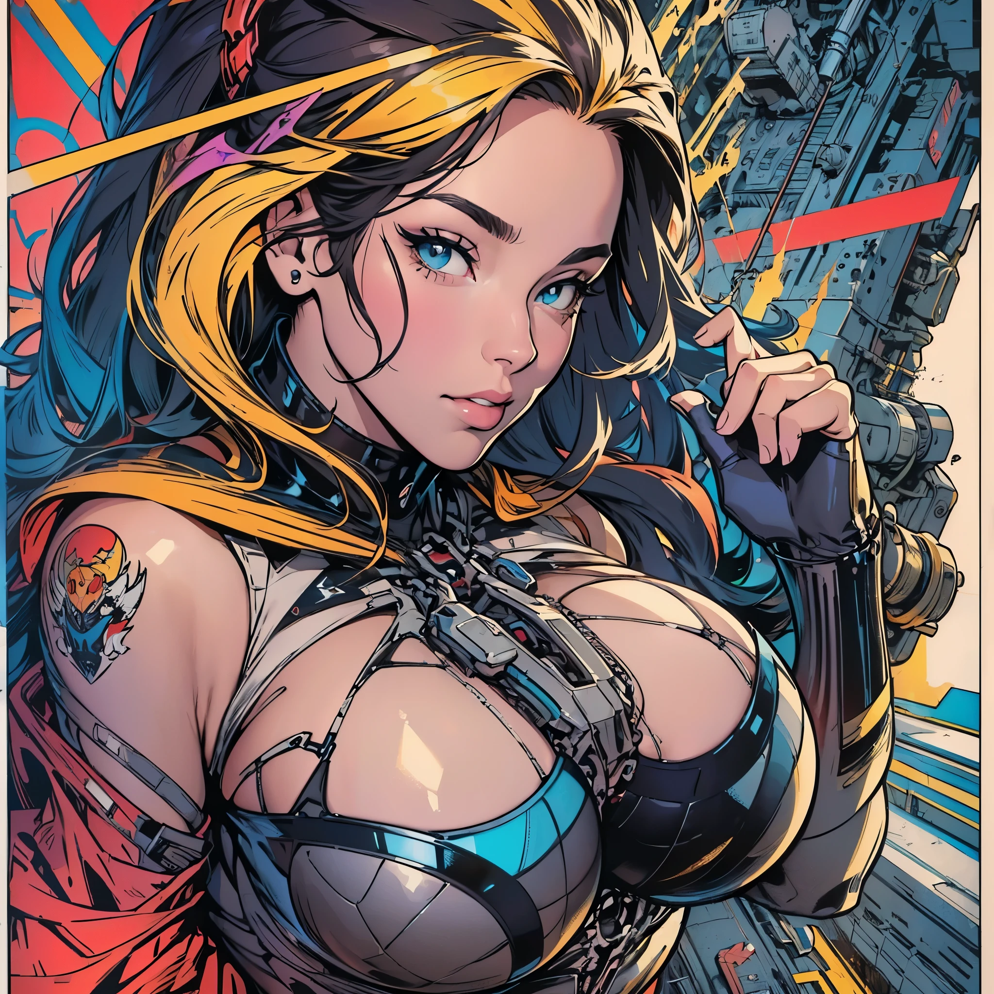 (((ultimate best quality))),(((solo:1.2))),(((1girl:1.2))),((((beautiful perfect woman)))),(((detailed perfect body, detailed perfect finger))),((((((ultimate movie poster)))))),(((bust up, close up))),((((detailed complicated machine)))),(((((genius mechanical))))),(((American comics))),(((extreme highlights))),(((Extremely colorful, primary colors))),cleavage, super beautiful lady,(((typography))),text