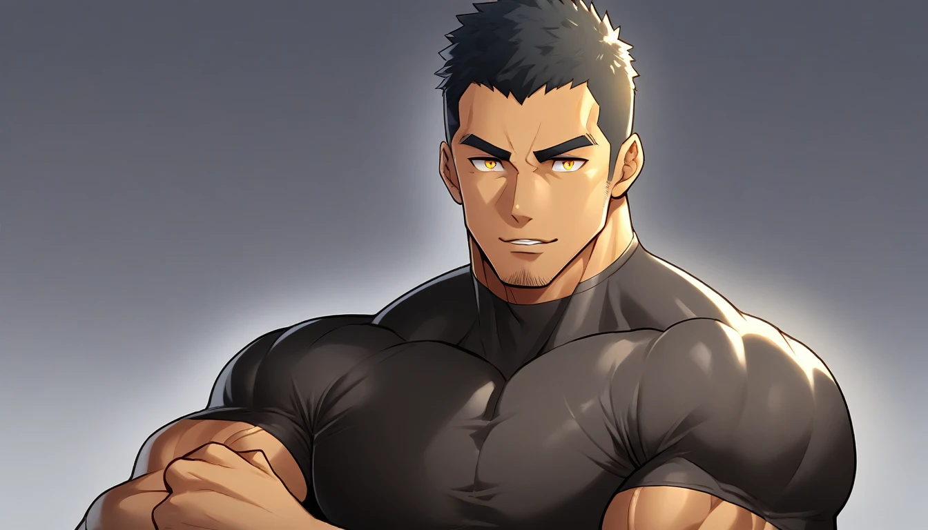 anime characters:Gyee, Muscle Sports Student, negro black skin, 1 dark skin muscular tough guy, Manliness, male focus, Light yellow high collar long sleeve tight T-shirt, Slightly transparent material, Very tight, Round, full and perky chest muscles, Slightly transparent, muscular male, muscular, only, Upper body, alone, Black short hair, Thick eyebrows, stubble, Yellow eyes, Grey background, simple background, amazing quality, best aesthetics, Ridiculous, bright pupils, crew cut, parted lips, seductive smile, torogao, naughty face, drop shadow, best quality