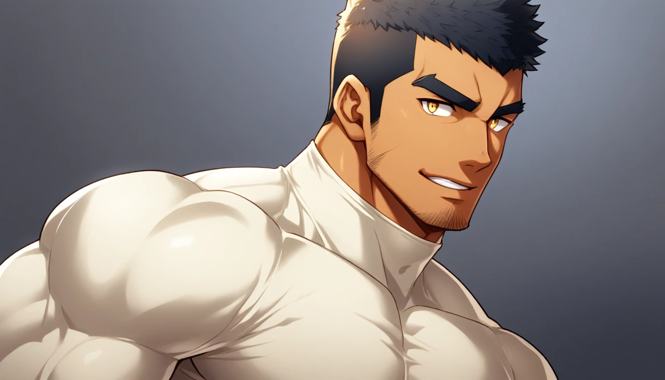 anime characters:Gyee, Muscle Sports Student, negro black skin, 1 dark skin muscular tough guy, Manliness, male focus, Light yellow high collar long sleeve tight T-shirt, Slightly transparent material, Very tight, Round, full and perky chest muscles, Slightly transparent, muscular male, muscular, only, Upper body, alone, Black short hair, Thick eyebrows, stubble, Yellow eyes, Grey background, simple background, amazing quality, best aesthetics, Ridiculous, bright pupils, crew cut, parted lips, seductive smile, torogao, naughty face, drop shadow, best quality