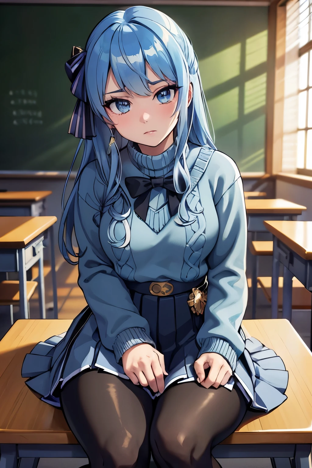 masterpiece, best quality, ultra-detailed, illustration, colorful, falt color, depth of field, lens flare, 1girl, hoshimachi suisei, anime, sitting, blue hair, looking at viewer, school, classroom, pantyhose, knit sweater, black pantyhose, no skirt, detailed skin texture, detailed cloth texture, beautiful detailed face