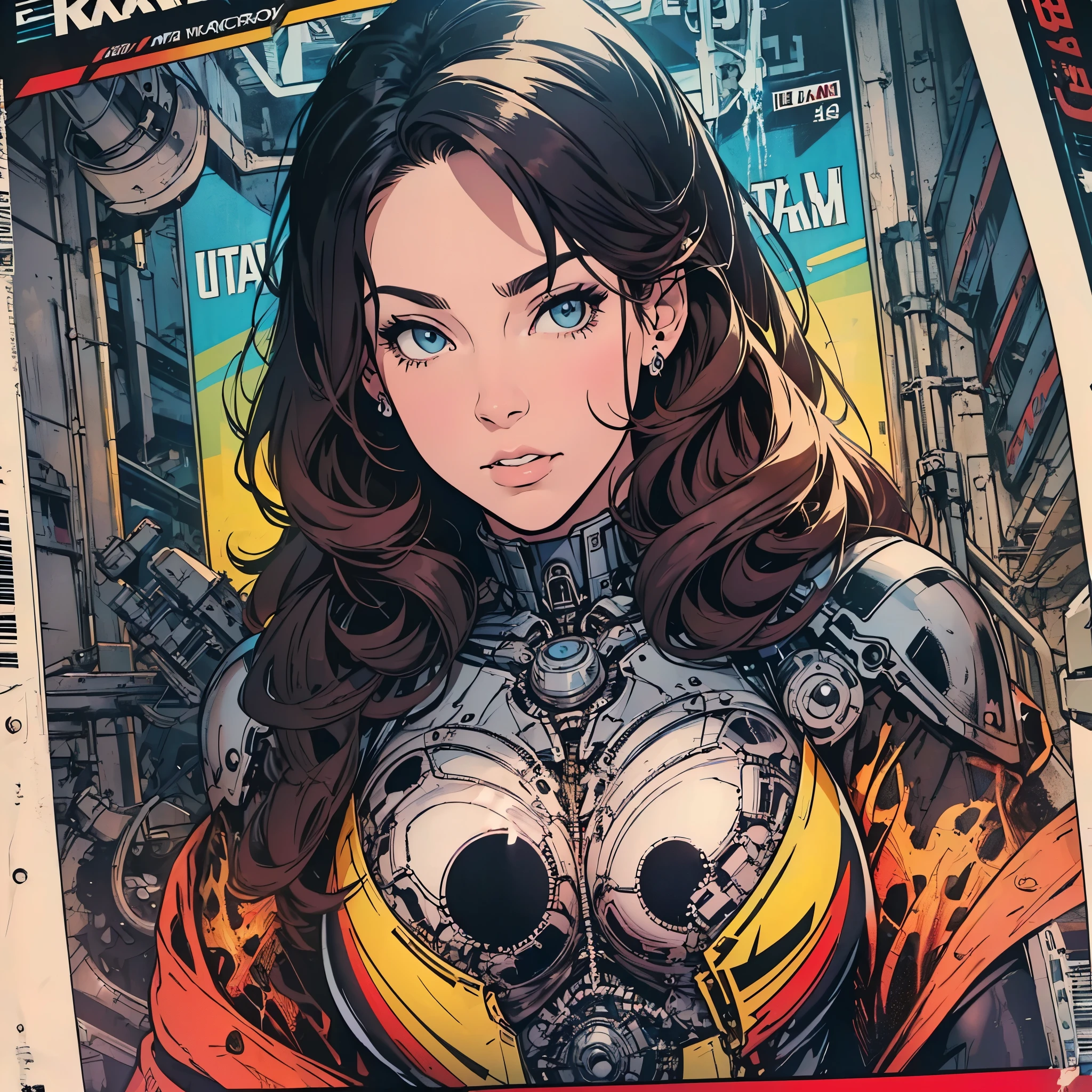 (((ultimate best quality))),(((solo:1.2))),(((1girl:1.2))),((((beautiful perfect woman)))),(((detailed perfect body, detailed perfect finger))),((((((ultimate movie poster)))))),(((bust up, close up))),((((detailed complicated machine)))),(((((genius mechanical))))),(((American comics))),(((extreme highlights))),(((Extremely colorful, primary colors))),cleavage, super beautiful lady,(((typography))),text