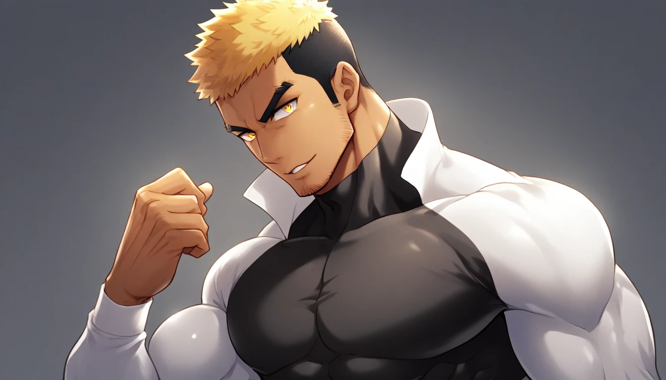 fit man age 25 bakugou katsuki ((naked)) in bedroom smiling widely ((looking at viewer)), muscular perfect body with smooth muscles. Golden spiky hair and red eyes, red bowtie on neck, bowtie on penis , (( penis dripping))